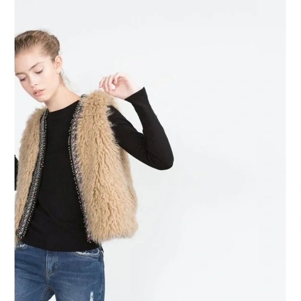 EUC Zara Trafaluc Outerwear caramel textured faux fur vest with embellished trim
